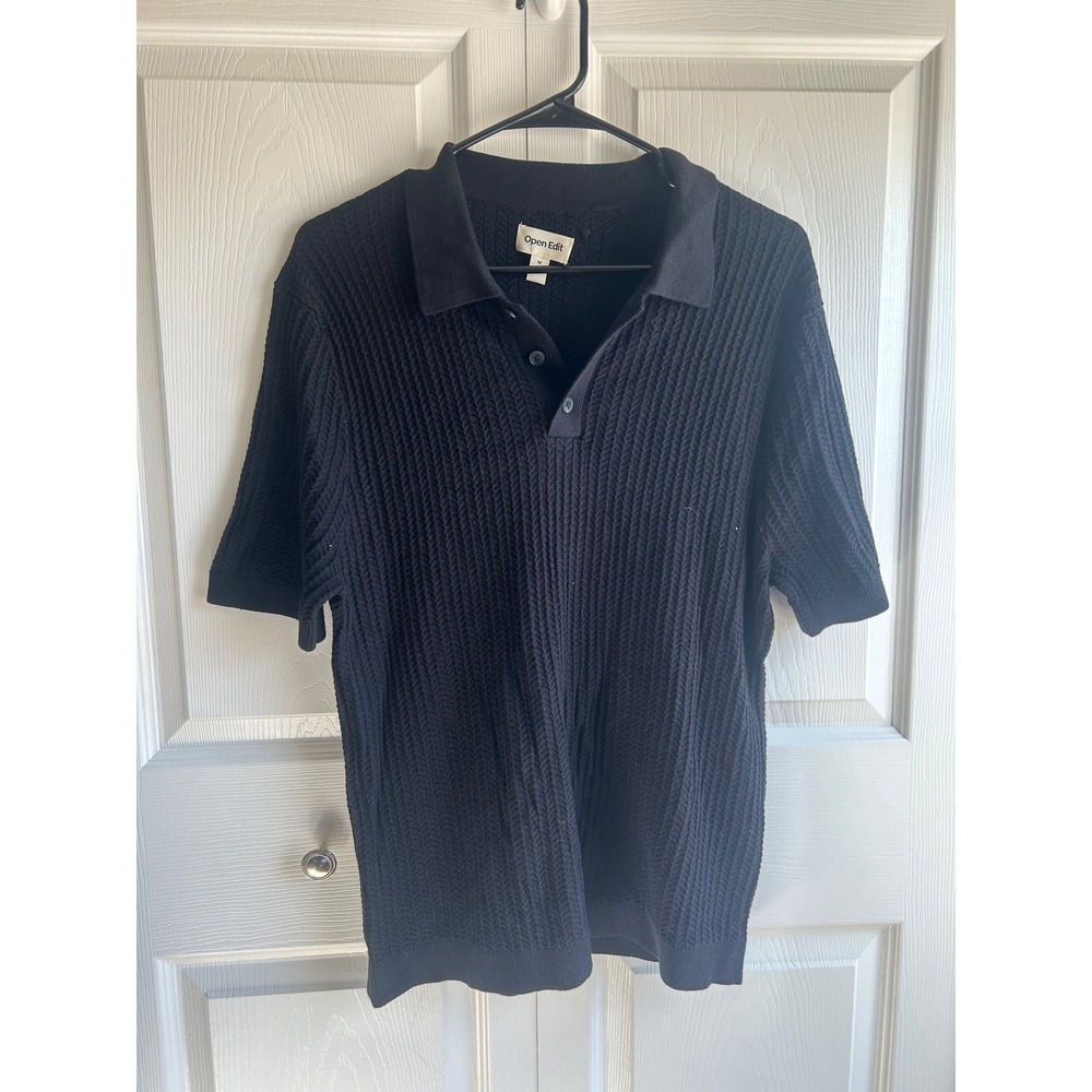 Open Edit Mens Black Textured Knit Polo Shirt Short Sleeve Cotton Size M
